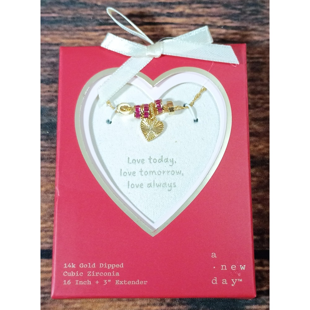 A New Day 14k Gold Dipped Heart Necklace Pink Cubic Zirconia 16-19 Inch NIB‎